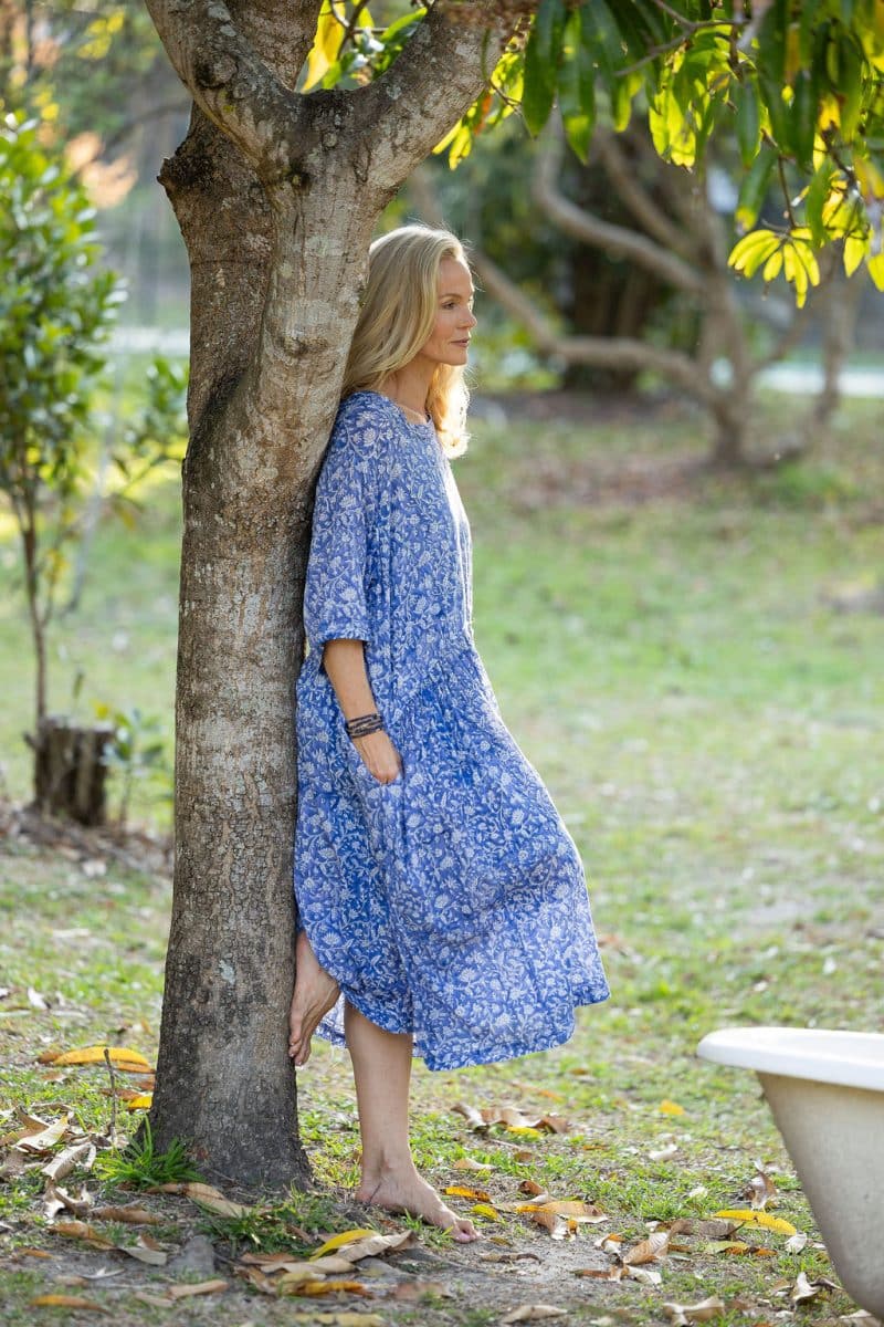 Womens, midi, Clementine dress, 100% Cotton, hand block print. Blue Floral - Aurelia - Heirloom Collection