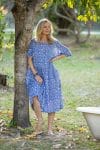 Womens, midi, Clementine dress, 100% Cotton, hand block print. Blue Floral - Aurelia - Heirloom Collection