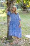 Womens, midi, Clementine dress, 100% Cotton, hand block print. Blue Floral - Aurelia - Heirloom Collection