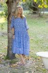 Womens, midi, Clementine dress, 100% Cotton, hand block print. Blue Floral - Aurelia - Heirloom Collection
