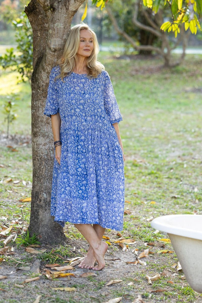 Womens, midi, Clementine dress, 100% Cotton, hand block print. Blue Floral - Aurelia - Heirloom Collection