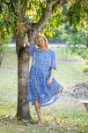 Womens, midi, Clementine dress, 100% Cotton, hand block print. Blue Floral - Aurelia - Heirloom Collection