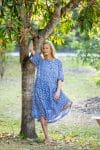 Womens, midi, Clementine dress, 100% Cotton, hand block print. Blue Floral - Aurelia - Heirloom Collection