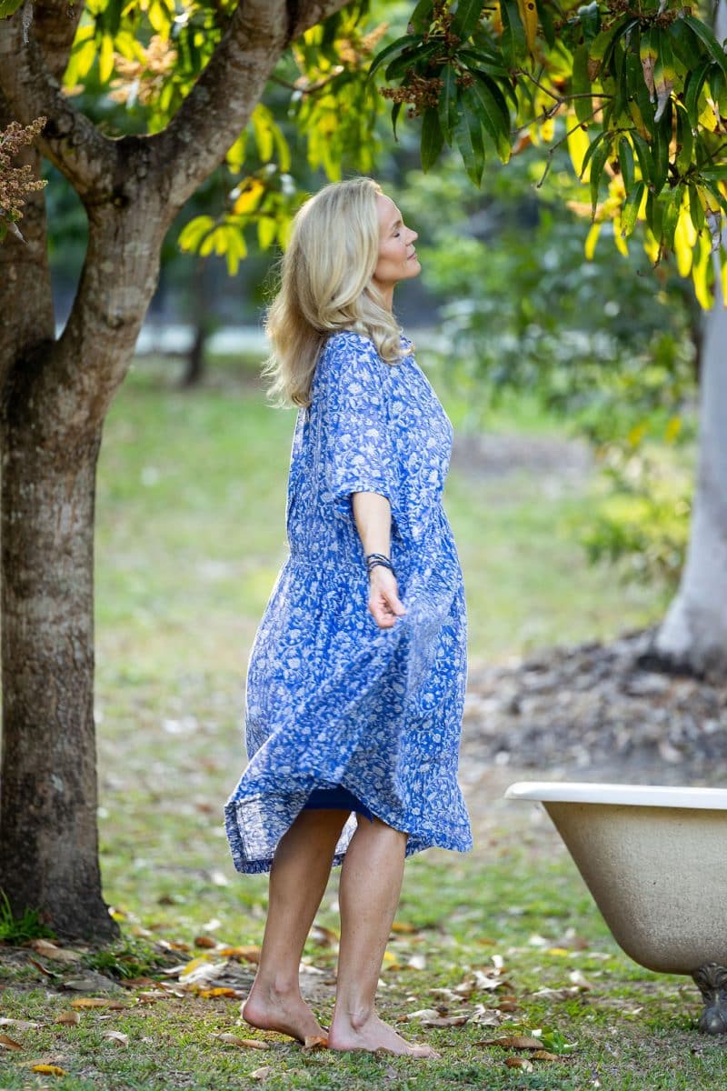 Womens, midi, Clementine dress, 100% Cotton, hand block print. Blue Floral - Aurelia - Heirloom Collection