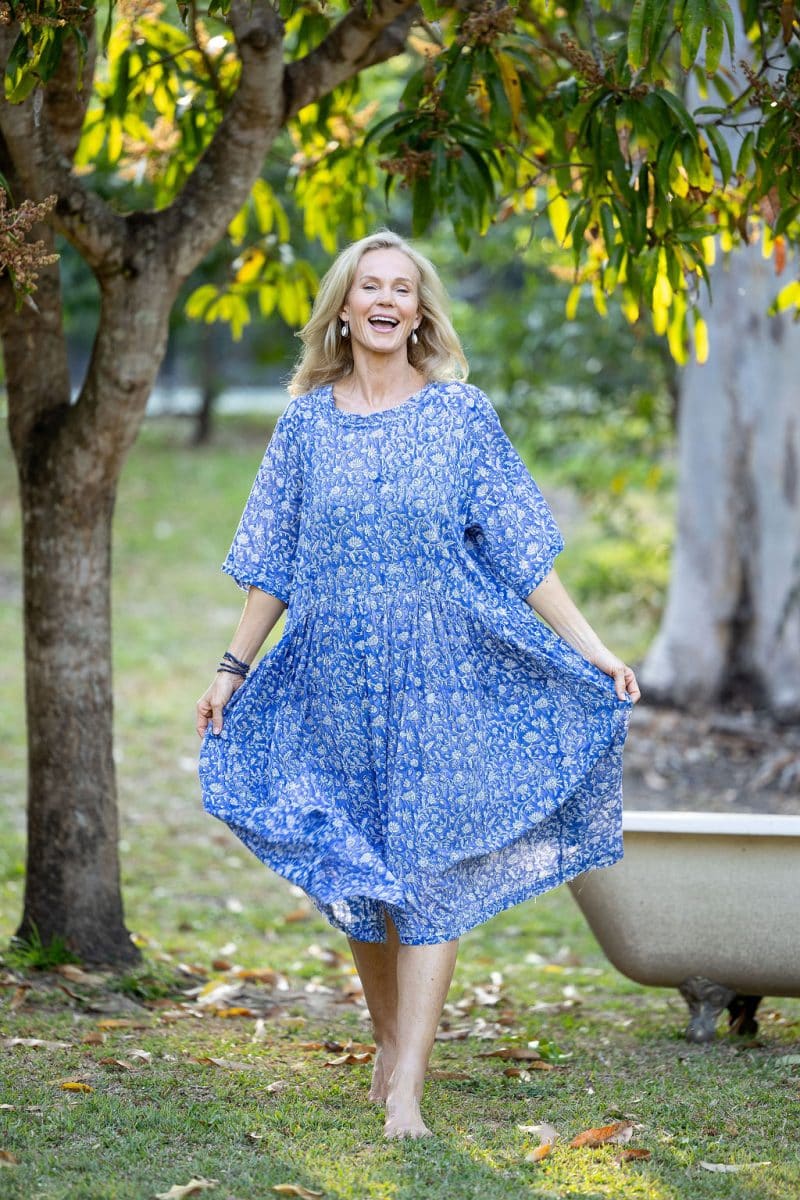Womens, midi, Clementine dress, 100% Cotton, hand block print. Blue Floral - Aurelia - Heirloom Collection