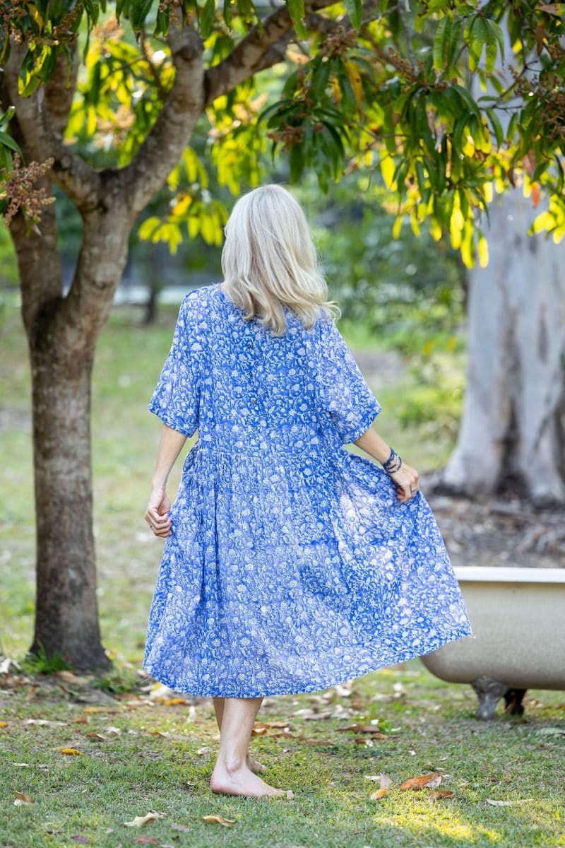 Womens, midi, Clementine dress, 100% Cotton, hand block print. Blue Floral - Aurelia - Heirloom Collection