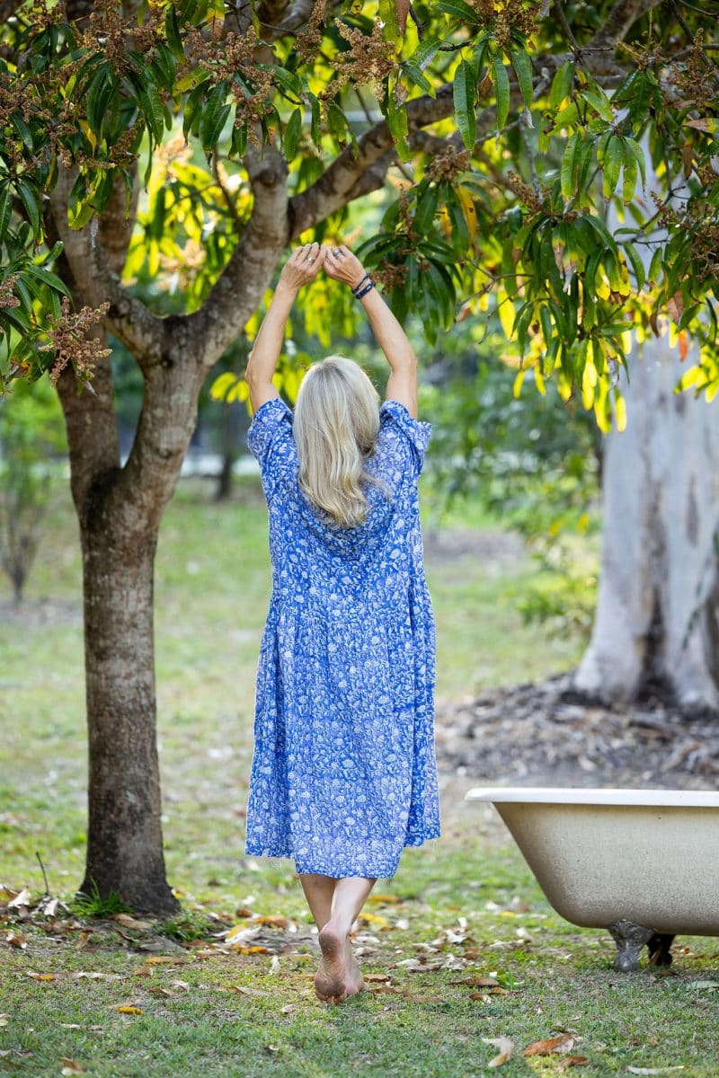 Womens, midi, Clementine dress, 100% Cotton, hand block print. Blue Floral - Aurelia - Heirloom Collection