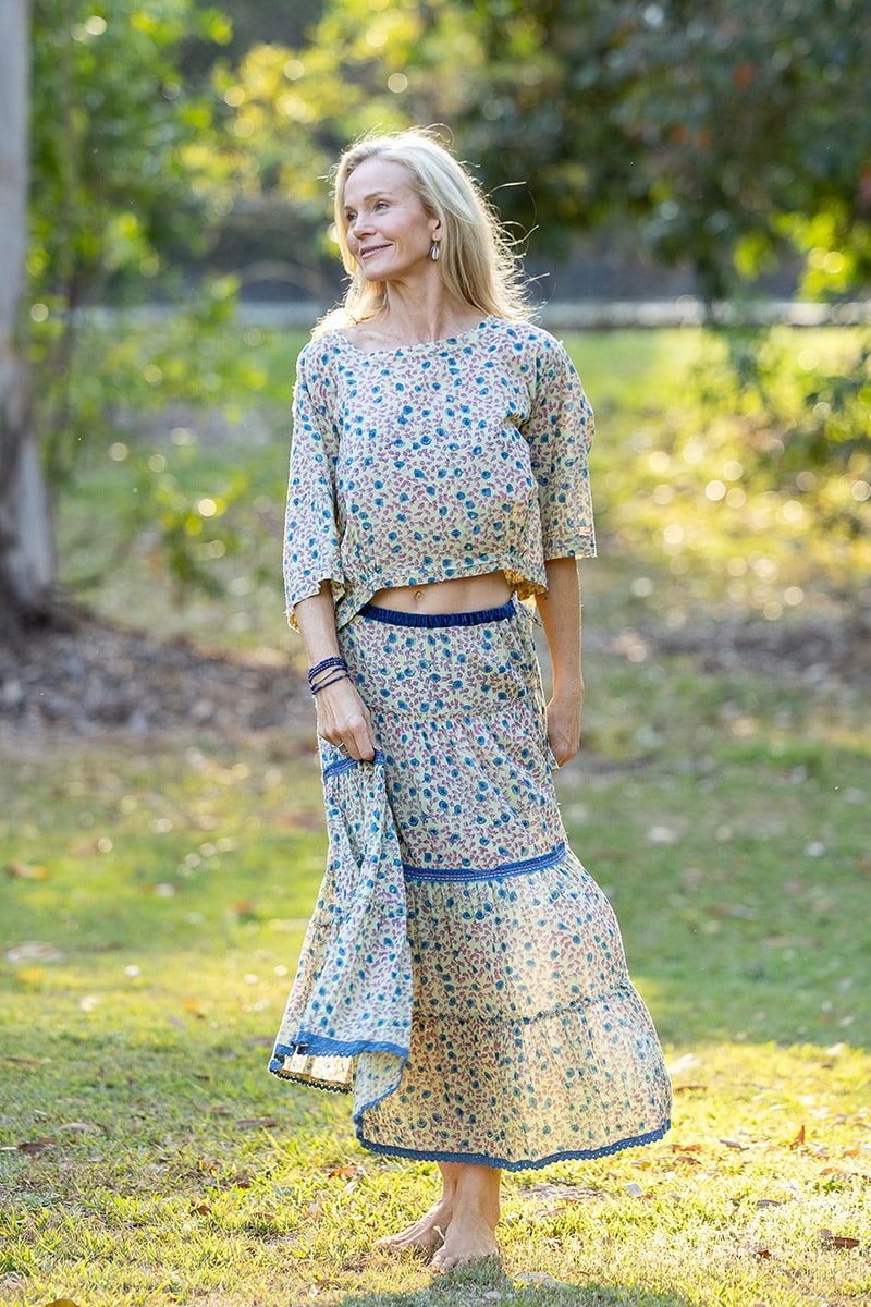 Womens, Ainsley Skirt & Matilde Blouse. 100% cotton, hand block print. Petite floral - Mirabel - Heirloom Collection