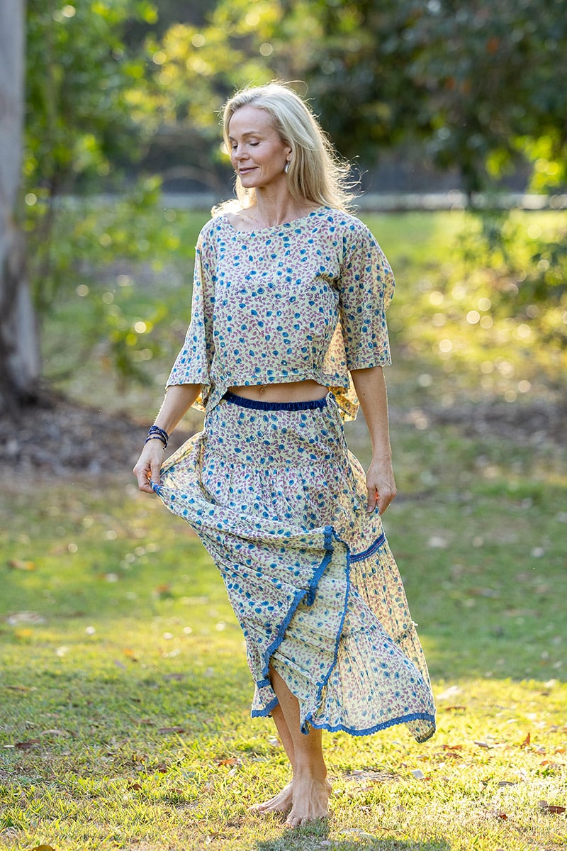 Womens, Ainsley Skirt & Matilde Blouse. 100% cotton, hand block print. Petite floral - Mirabel - Heirloom Collection