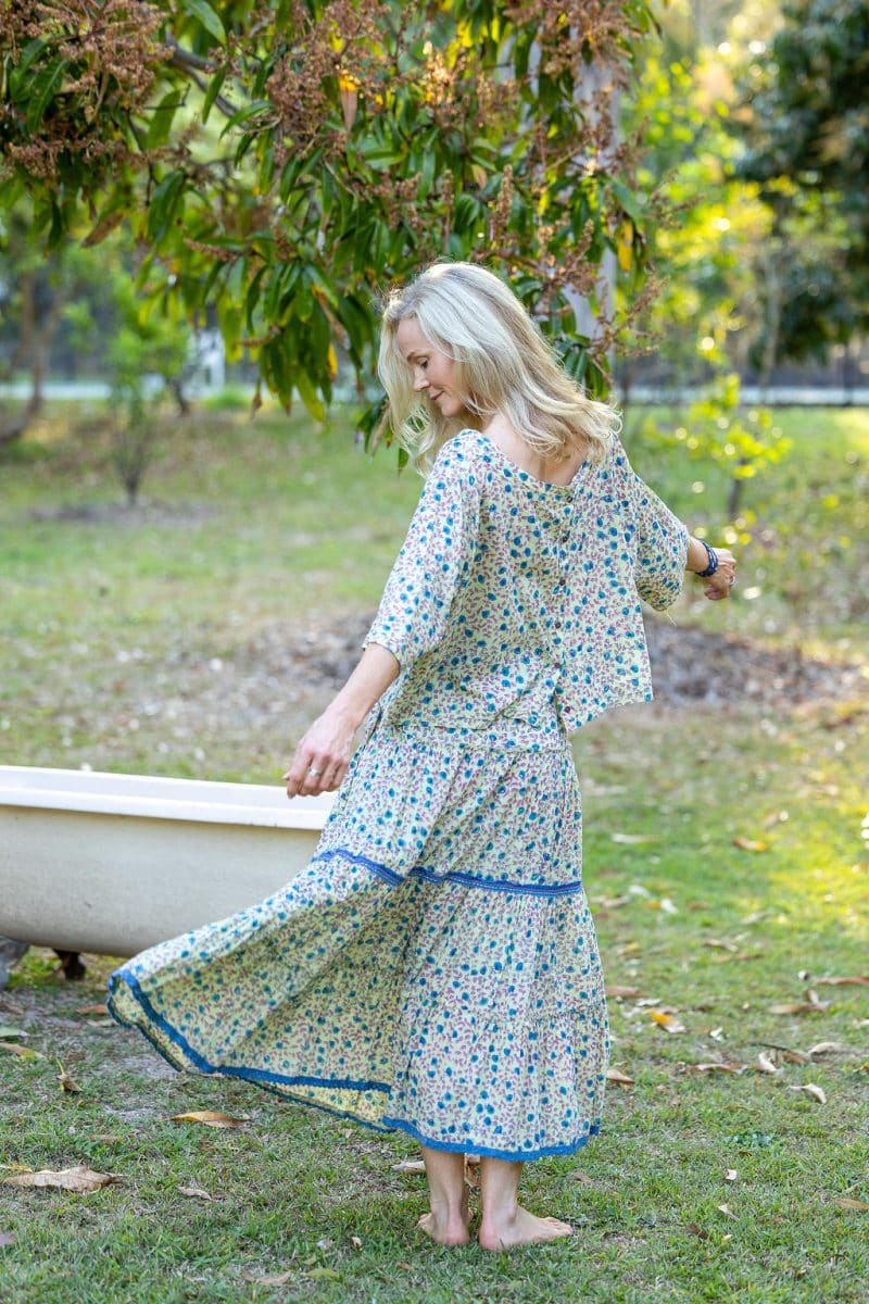 Womens, Ainsley Skirt & Matilde Blouse. 100% cotton, hand block print. Petite floral - Mirabel - Heirloom Collection