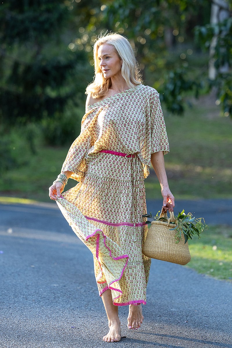 Womens, Ainsley Skirt & Matilde Blouse. 100% cotton, hand block print. Soft lime with dainty pink flowers - Camille - Heirloom Collection
