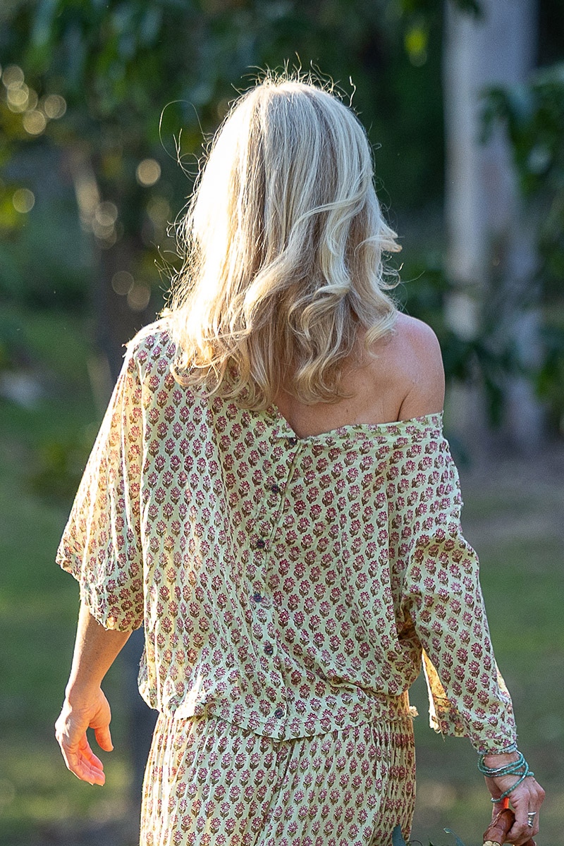 Womens, Matilde Blouse. 100% cotton, hand block print. Soft lime with dainty pink flowers - Camille - Heirloom Collection