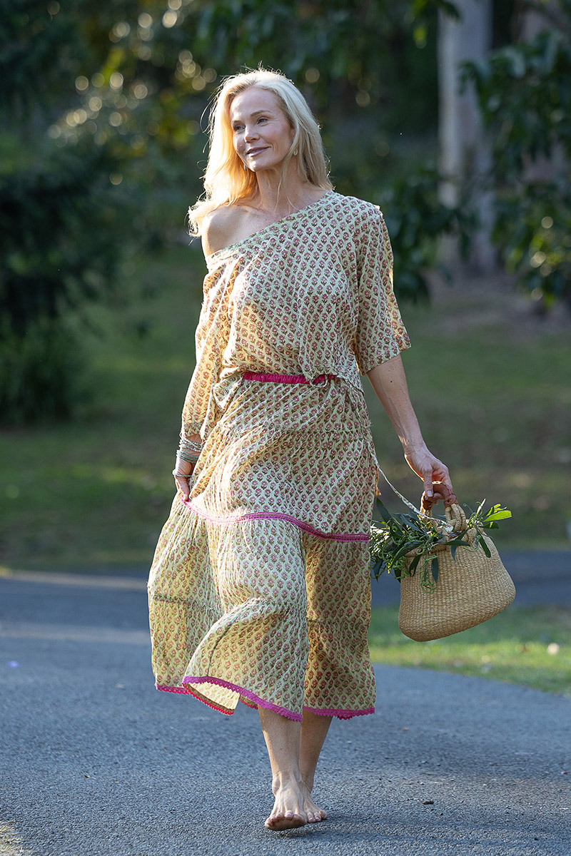 Womens, Ainsley Skirt & Matilde Blouse. 100% cotton, hand block print. Soft lime with dainty pink flowers - Camille - Heirloom Collection