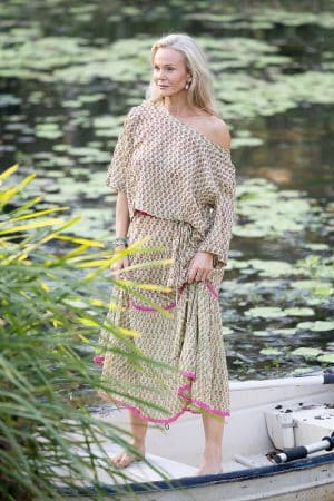 Womens, Ainsley Skirt & Matilde Blouse. 100% cotton, hand block print. Soft lime with dainty pink flowers - Camille - Heirloom Collection