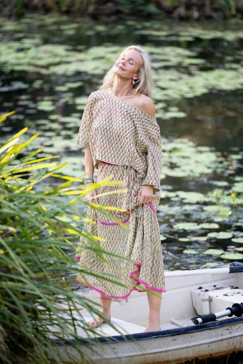 Womens, Ainsley Skirt & Matilde Blouse. 100% cotton, hand block print. Soft lime with dainty pink flowers - Camille - Heirloom Collection