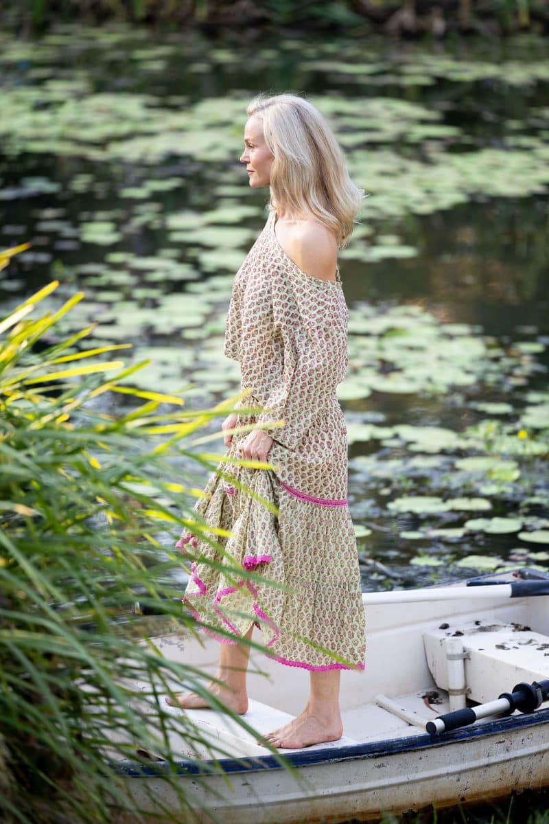 Womens, Ainsley Skirt & Matilde Blouse. 100% cotton, hand block print. Soft lime with dainty pink flowers - Camille - Heirloom Collection