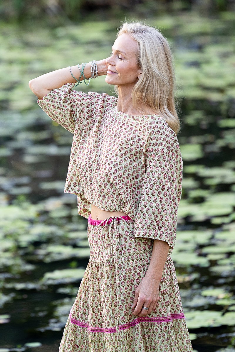Womens, Ainsley Skirt & Matilde Blouse. 100% cotton, hand block print. Soft lime with dainty pink flowers - Camille - Heirloom Collection