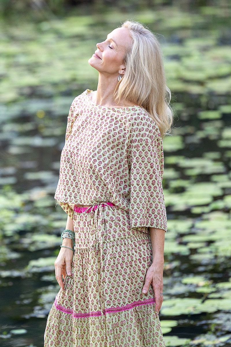 Womens, Ainsley Skirt & Matilde Blouse. 100% cotton, hand block print. Soft lime with dainty pink flowers - Camille - Heirloom Collection