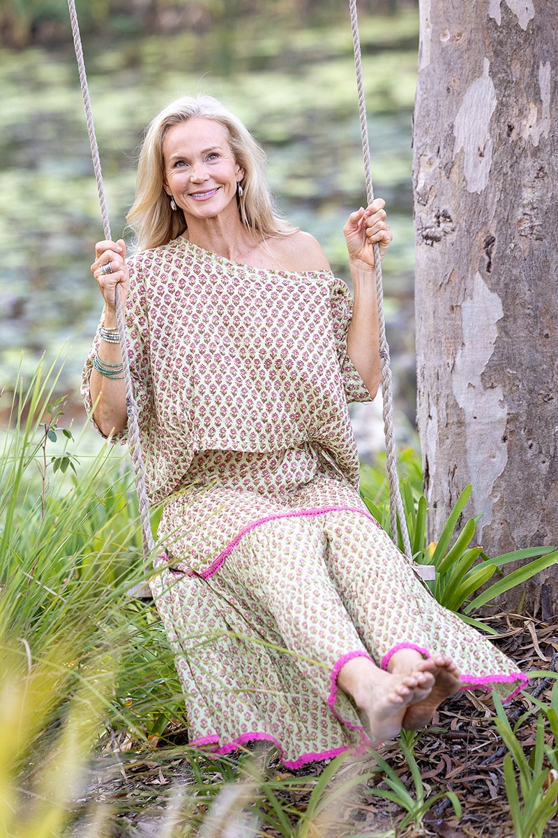 Womens, Ainsley Skirt & Matilde Blouse. 100% cotton, hand block print. Soft lime with dainty pink flowers - Camille - Heirloom Collection