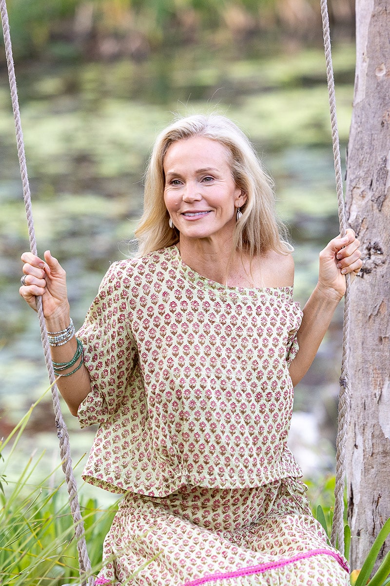 Womens, Matilde Blouse. 100% cotton, hand block print. Soft lime with dainty pink flowers - Camille - Heirloom Collection