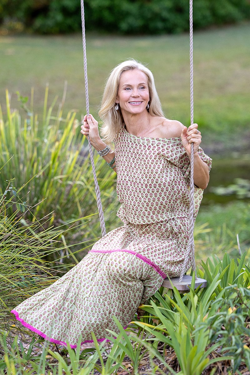 Womens, Ainsley Skirt & Matilde Blouse. 100% cotton, hand block print. Soft lime with dainty pink flowers - Camille - Heirloom Collection