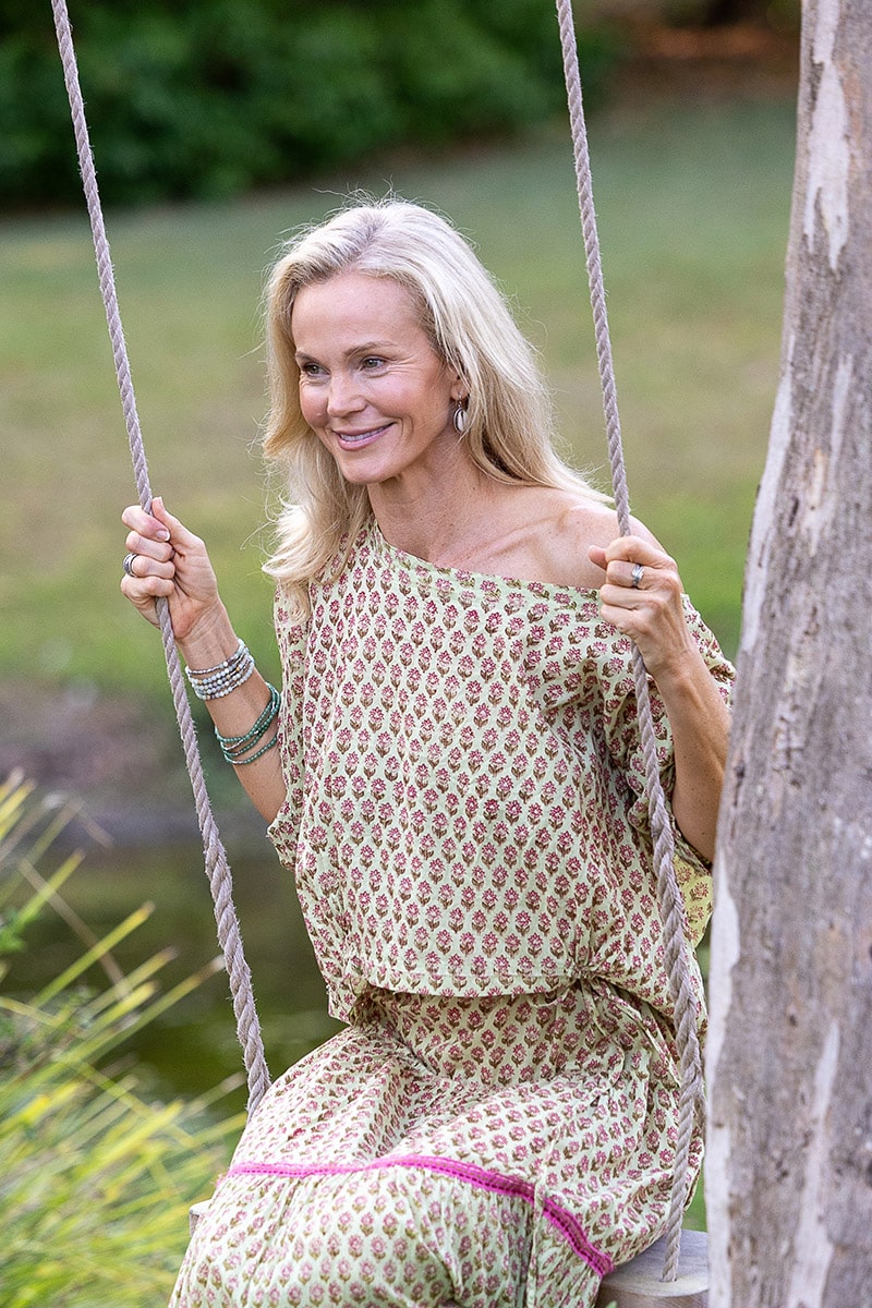 Womens, Matilde Blouse. 100% cotton, hand block print. Soft lime with dainty pink flowers - Camille - Heirloom Collection