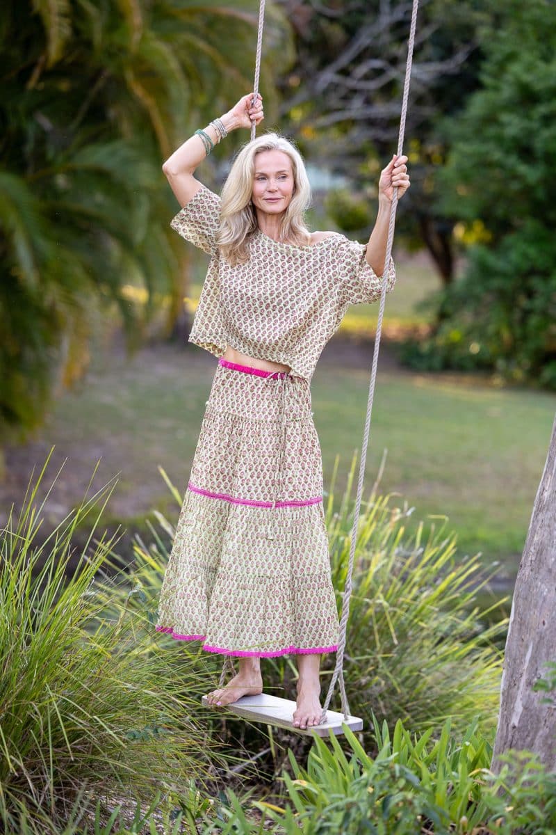 Womens, Ainsley Skirt & Matilde Blouse. 100% cotton, hand block print. Soft lime with dainty pink flowers - Camille - Heirloom Collection