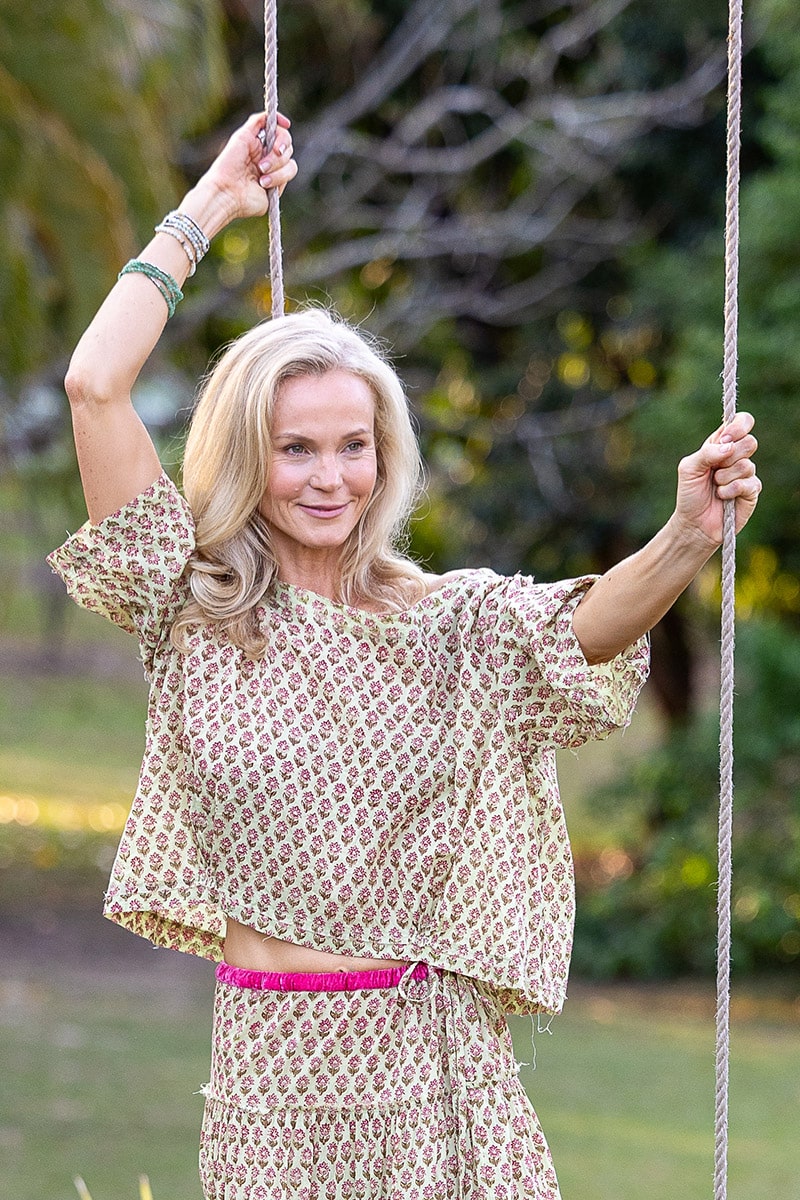 Womens, Matilde Blouse. 100% cotton, hand block print. Soft lime with dainty pink flowers - Camille - Heirloom Collection