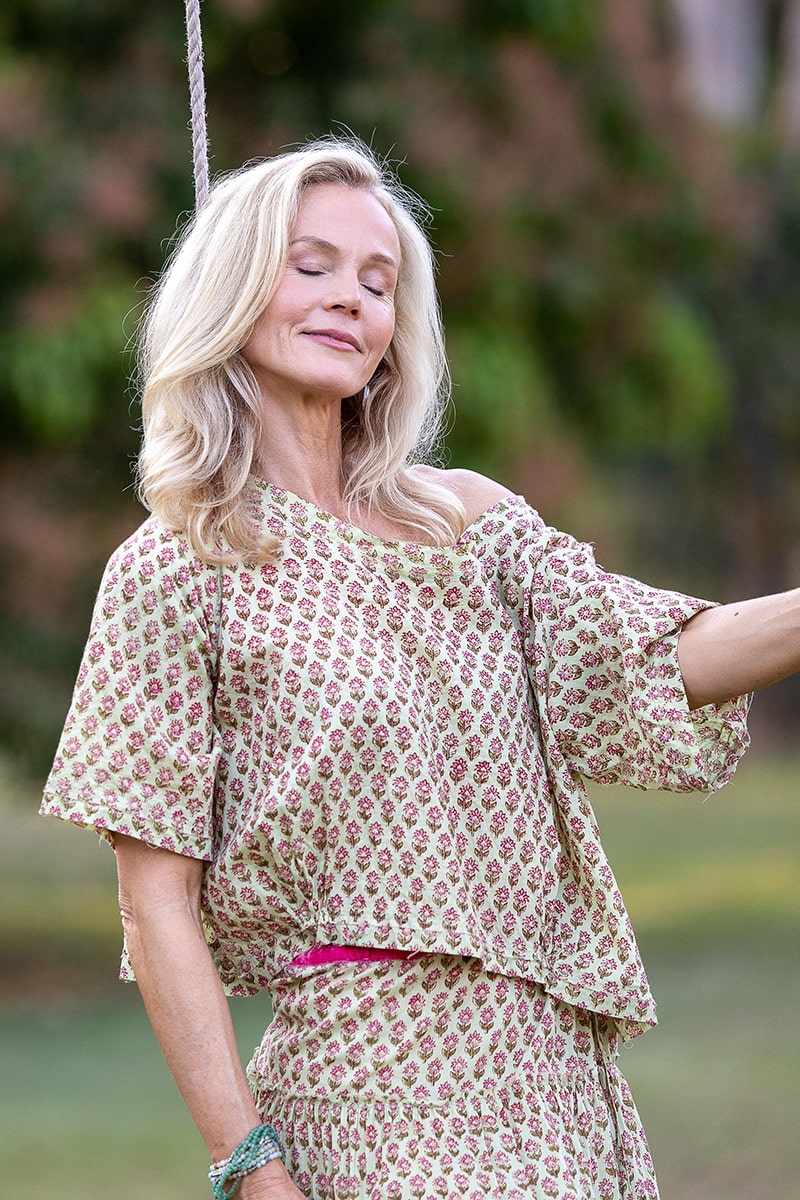 Womens, Matilde Blouse. 100% cotton, hand block print. Soft lime with dainty pink flowers - Camille - Heirloom Collection