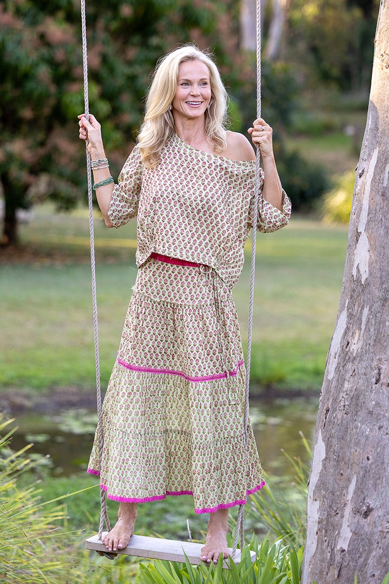 Womens, Ainsley Skirt & Matilde Blouse. 100% cotton, hand block print. Soft lime with dainty pink flowers - Camille - Heirloom Collection