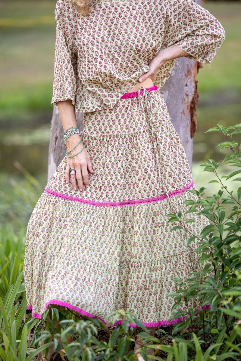 Womens, Ainsley Skirt & Matilde Blouse. 100% cotton, hand block print. Soft lime with dainty pink flowers - Camille - Heirloom Collection