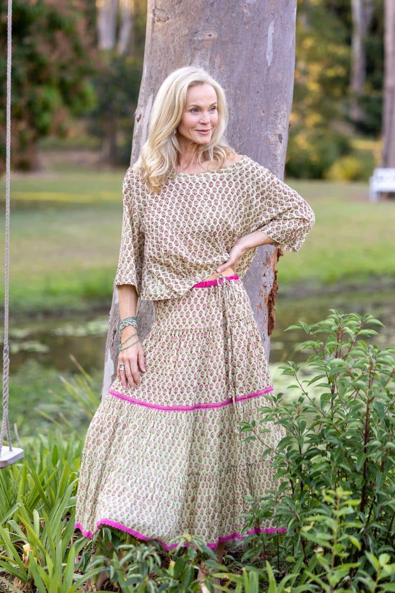 Womens, Ainsley Skirt & Matilde Blouse. 100% cotton, hand block print. Soft lime with dainty pink flowers - Camille - Heirloom Collection
