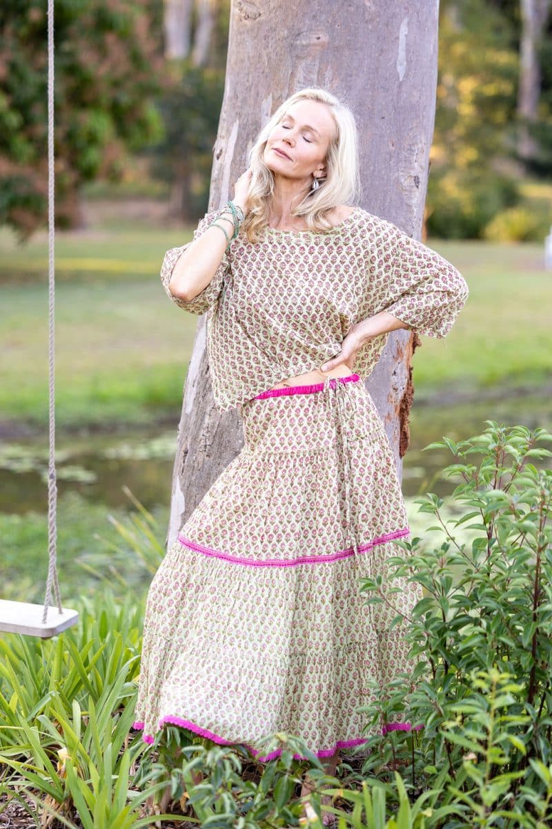 Womens, Ainsley Skirt & Matilde Blouse. 100% cotton, hand block print. Soft lime with dainty pink flowers - Camille - Heirloom Collection