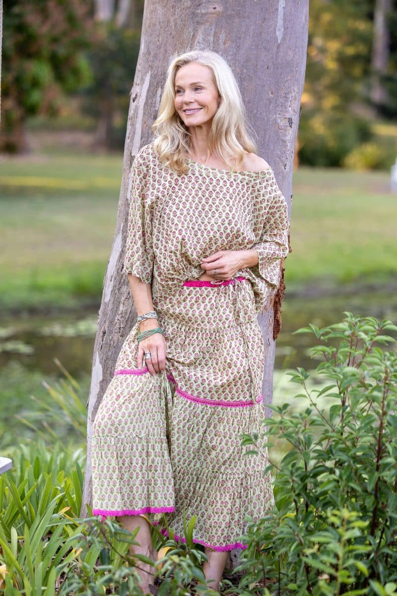 Womens, Ainsley Skirt & Matilde Blouse. 100% cotton, hand block print. Soft lime with dainty pink flowers - Camille - Heirloom Collection