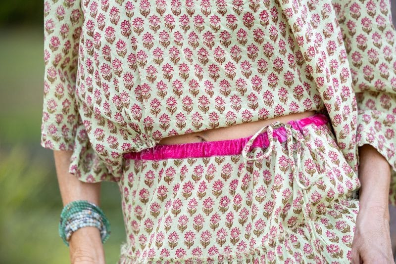 Womens, Ainsley Skirt & Matilde Blouse. 100% cotton, hand block print. Soft lime with dainty pink flowers - Camille - Heirloom Collection