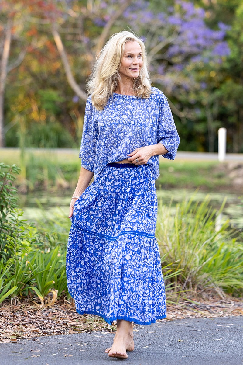Womens, Ainsley Skirt & Matilde Blouse. 100% cotton, hand block print. Blue Floral - Aurelia - Heirloom Collection