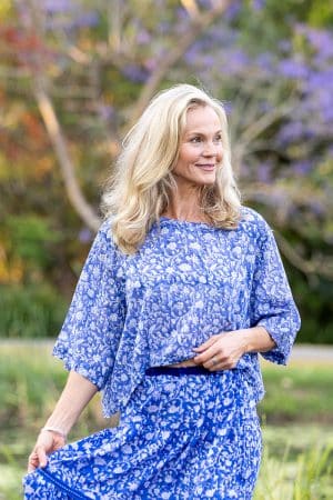 Womens, Ainsley Skirt & Matilde Blouse. 100% cotton, hand block print. Blue Floral - Aurelia - Heirloom Collection