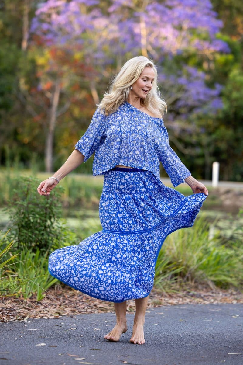 Womens, Ainsley Skirt & Matilde Blouse. 100% cotton, hand block print. Blue Floral - Aurelia - Heirloom Collection