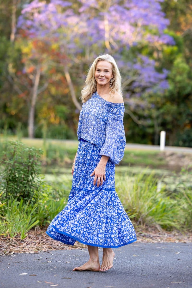 Womens, Ainsley Skirt & Matilde Blouse. 100% cotton, hand block print. Blue Floral - Aurelia - Heirloom Collection