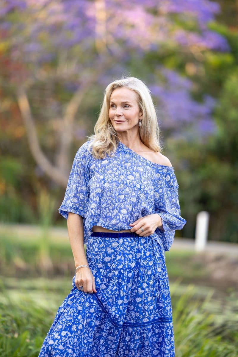 Womens, Ainsley Skirt & Matilde Blouse. 100% cotton, hand block print. Blue Floral - Aurelia - Heirloom Collection