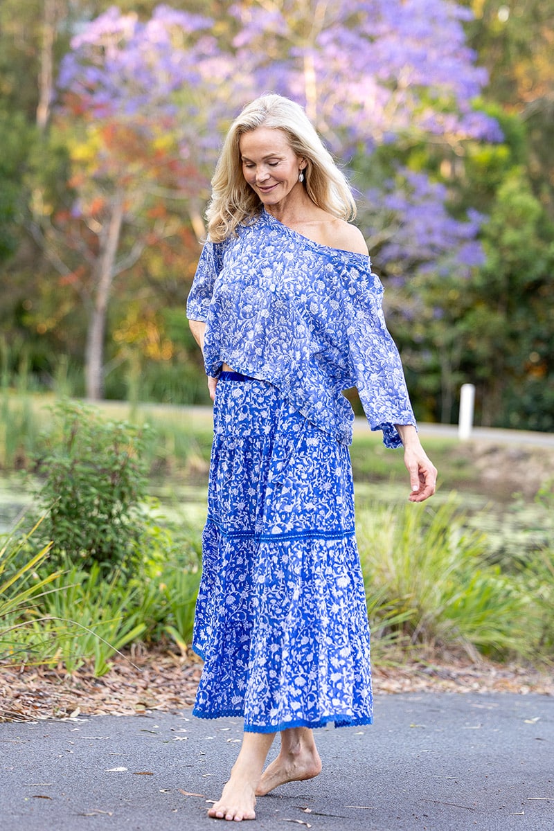 Womens, Ainsley Skirt & Matilde Blouse. 100% cotton, hand block print. Blue Floral - Aurelia - Heirloom Collection