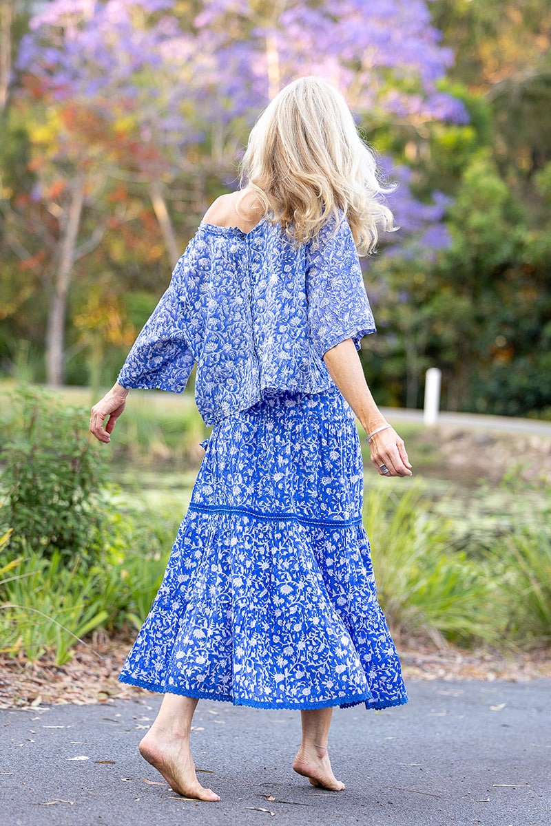 Womens, Ainsley Skirt & Matilde Blouse. 100% cotton, hand block print. Blue Floral - Aurelia - Heirloom Collection