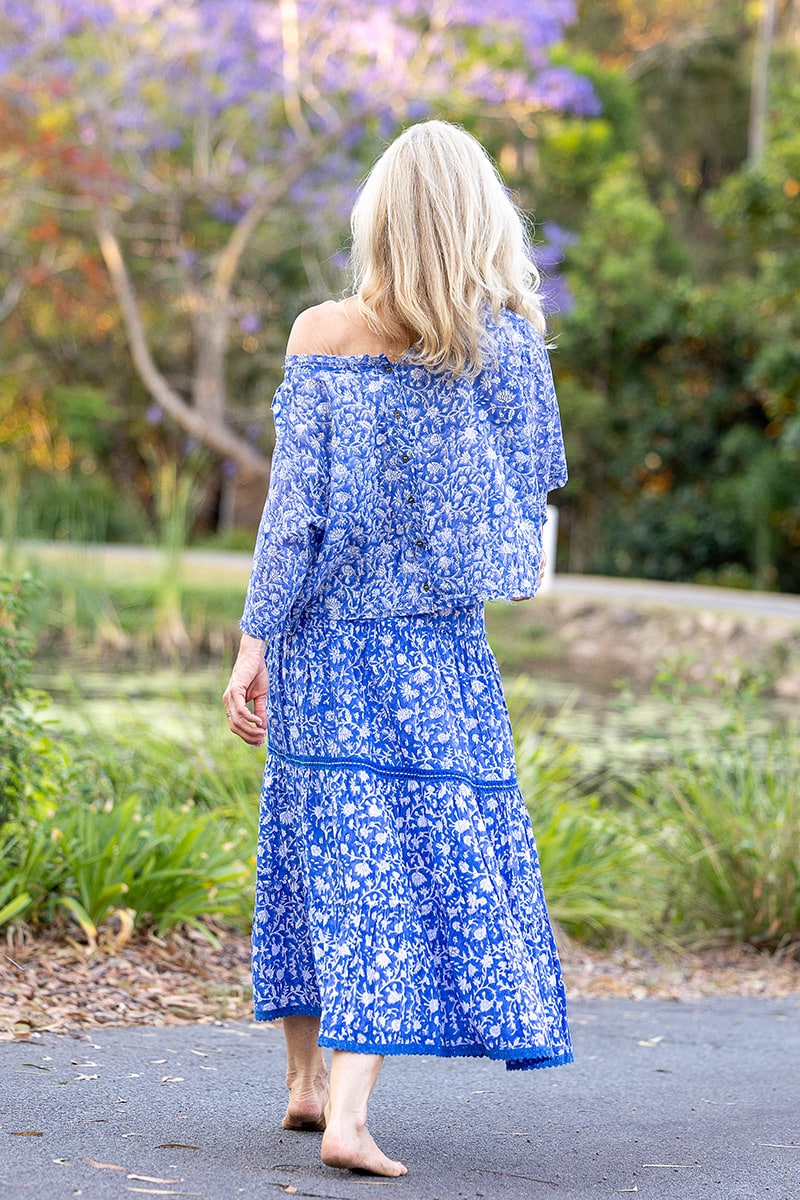 Womens, Ainsley Skirt & Matilde Blouse. 100% cotton, hand block print. Blue Floral - Aurelia - Heirloom Collection