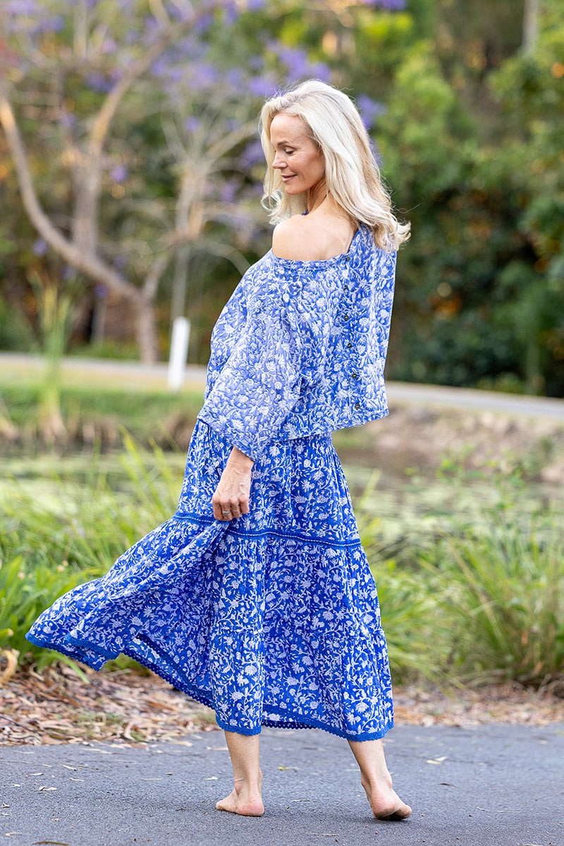 Womens, Ainsley Skirt & Matilde Blouse. 100% cotton, hand block print. Blue Floral - Aurelia - Heirloom Collection