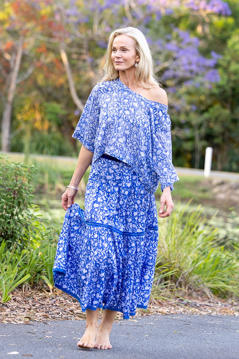 Womens, Ainsley Skirt & Matilde Blouse. 100% cotton, hand block print. Blue Floral - Aurelia - Heirloom Collection