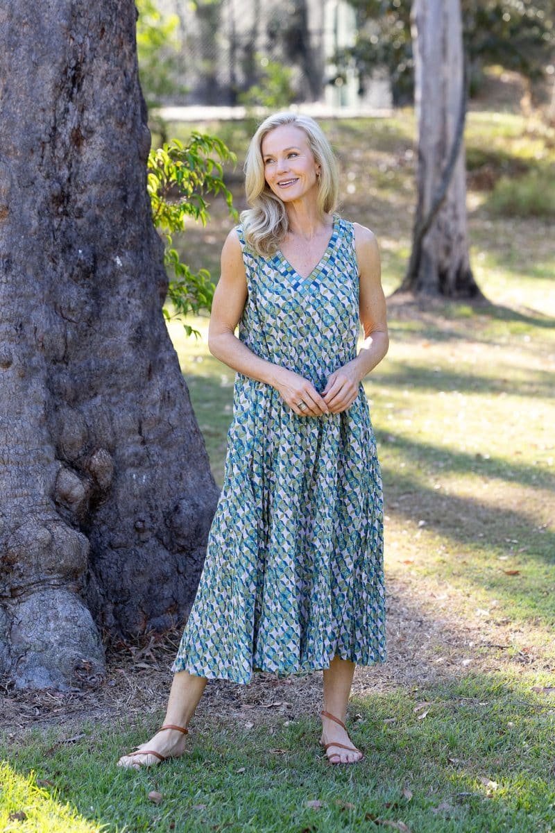 Womens, midi, Mevlana Dress, sleeveless, 100% Cotton, hand block print. Soft geometry - Liora