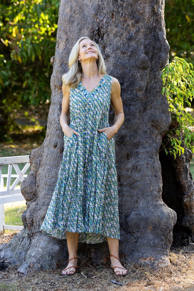 Womens, midi, Mevlana Dress, sleeveless, 100% Cotton, hand block print. Soft geometry - Liora