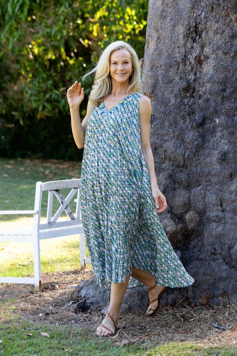 Womens, midi, Mevlana Dress, sleeveless, 100% Cotton, hand block print. Soft geometry - Liora