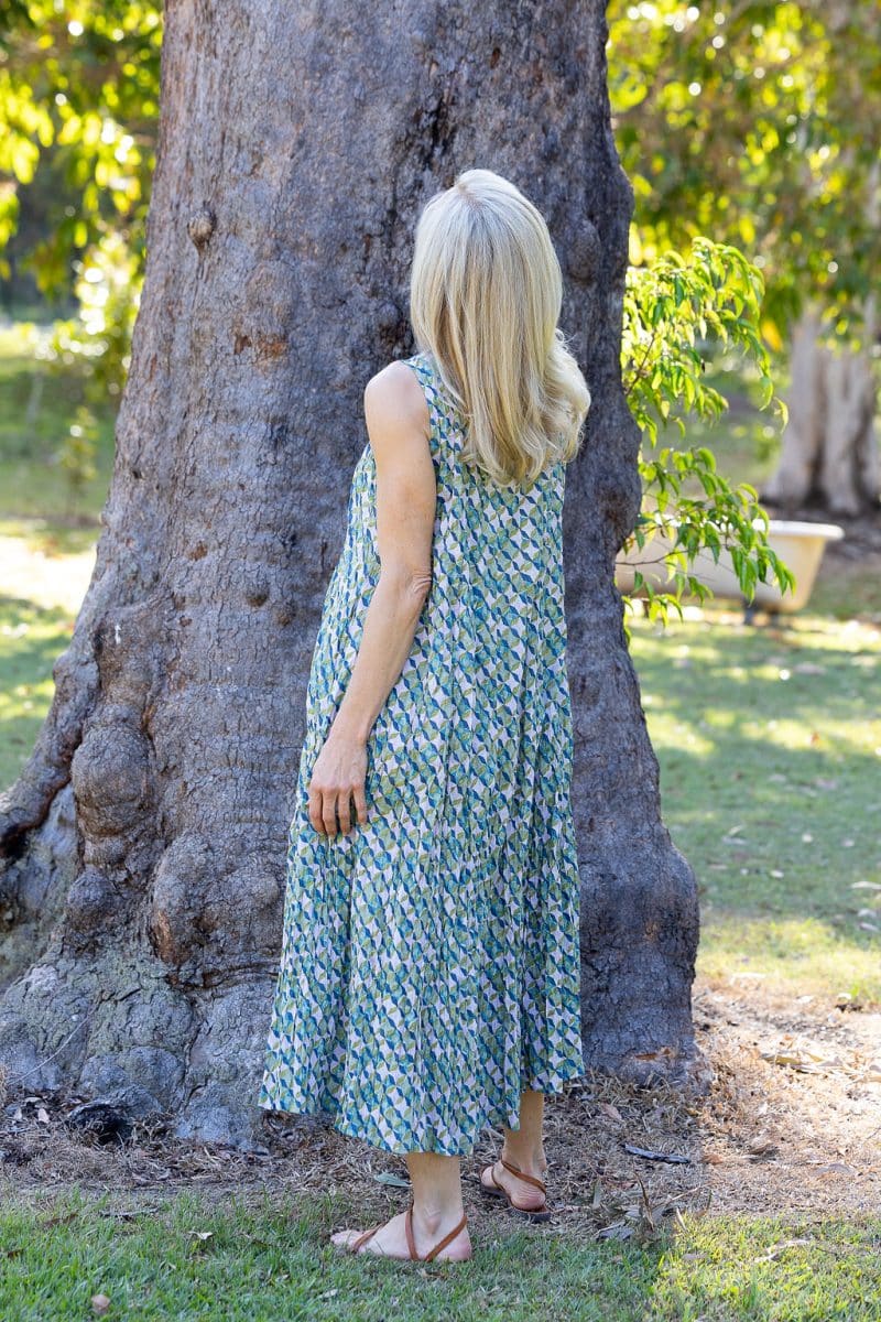 Womens, midi, Mevlana Dress, sleeveless, 100% Cotton, hand block print. Soft geometry - Liora