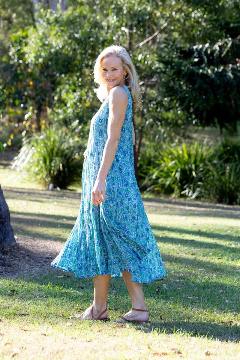 Womens, midi, Mevlana Dress, sleeveless, 100% Cotton, hand block print. Soft Oceanic Blue - Amara